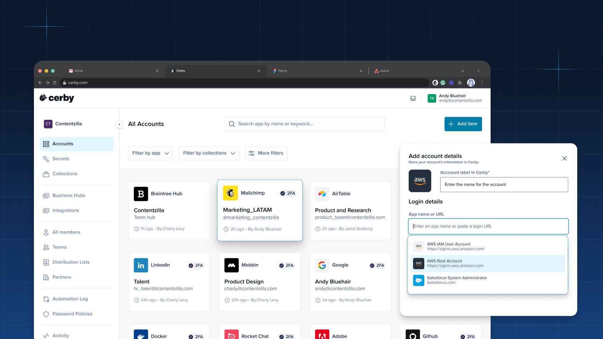 Screenshot of the Cerby mobile app showing the main dashboard with account cards and navigation options.