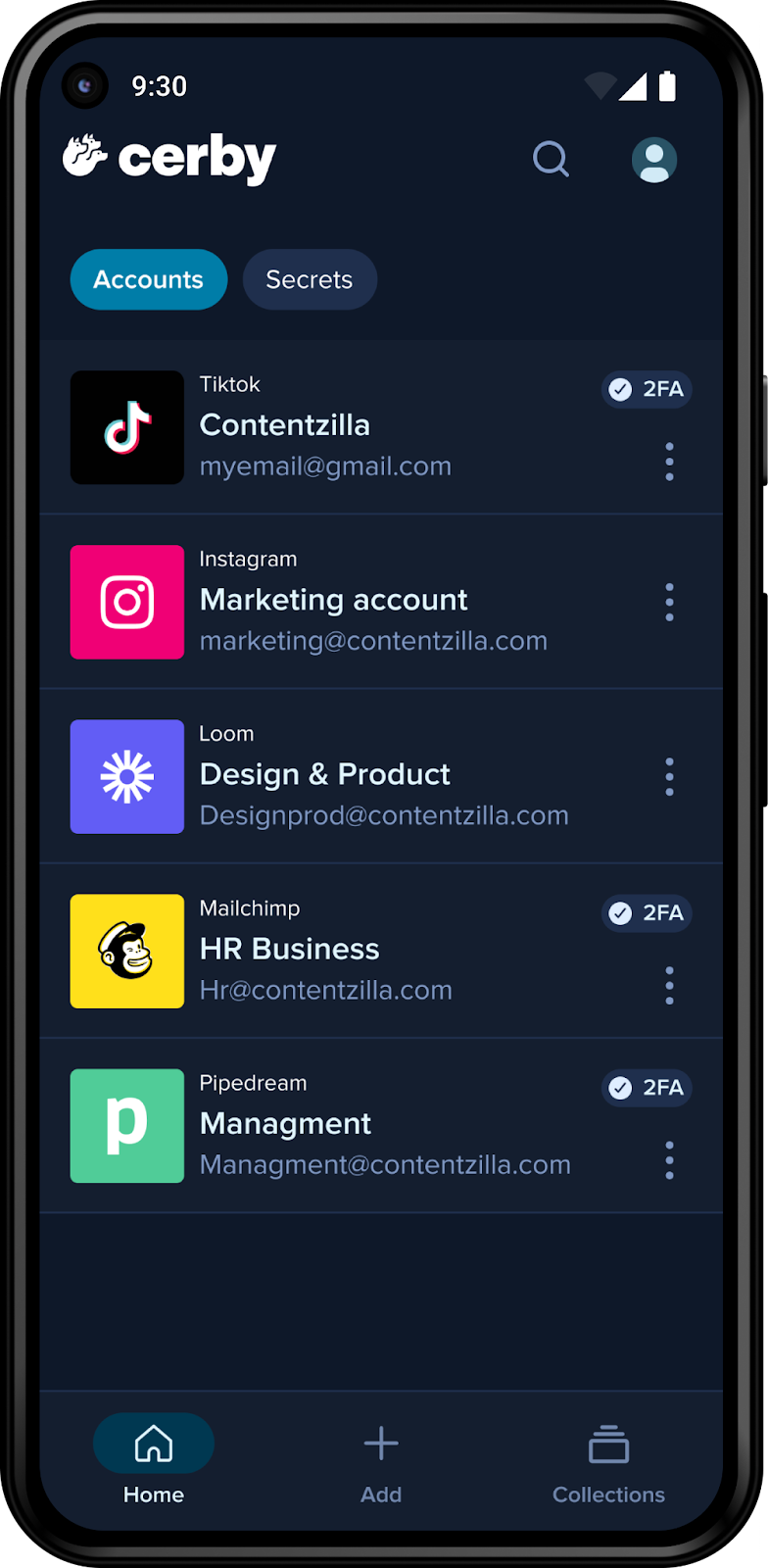 Accounts screen in the Cerby mobile app for Android