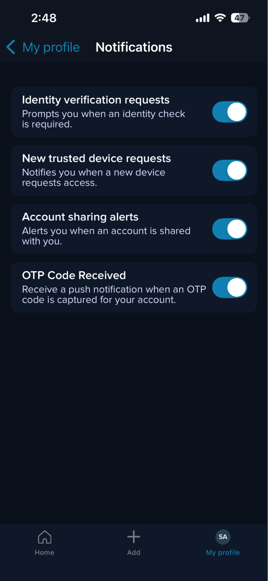 The Notifications screen in the Cerby mobile app settings