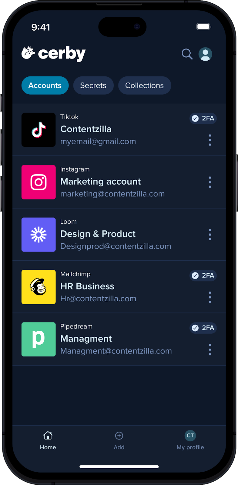 Accounts screen in the Cerby mobile app for iOS